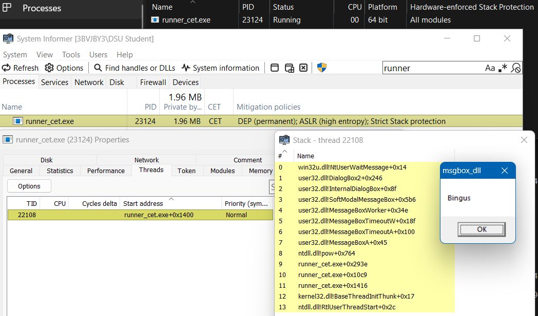 Call stack when executing the shellcode with a call