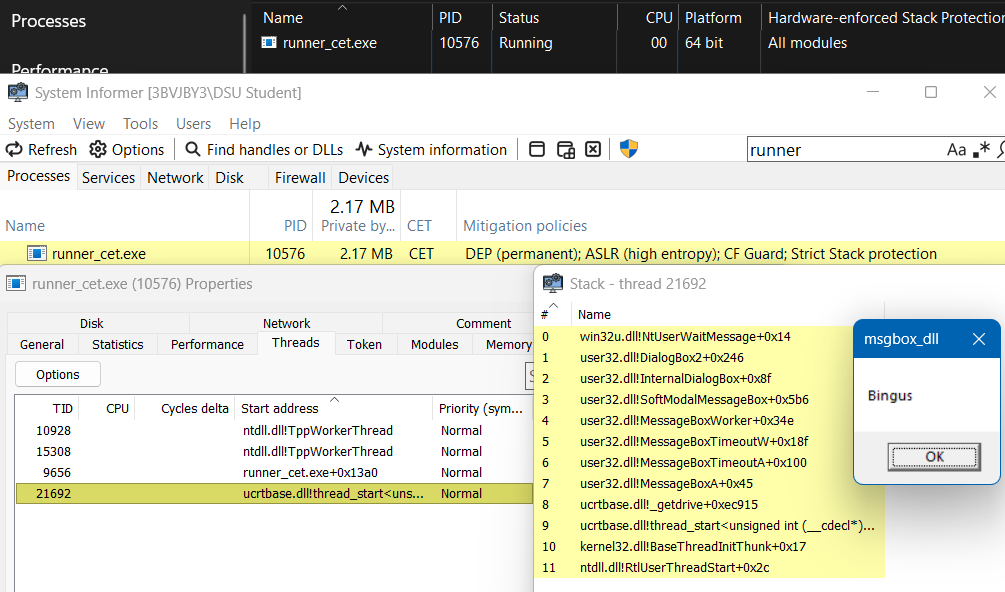 Call stack when executing the shellcode with a thread